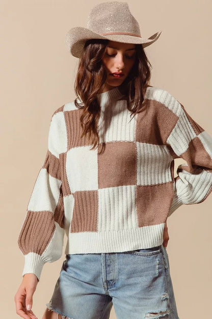 Women's Ribbed Color Block Plaid Sweater with Trendy Design - AMVIM