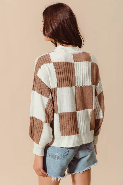 Women's Ribbed Color Block Plaid Sweater with Trendy Design - AMVIM