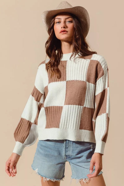Women's Ribbed Color Block Plaid Sweater with Trendy Design - AMVIM