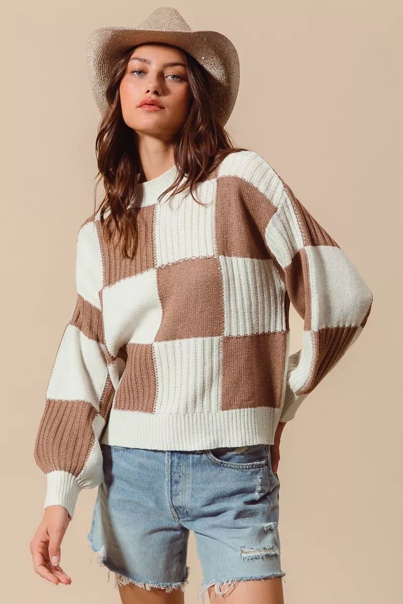 Women's Ribbed Color Block Plaid Sweater with Trendy Design - AMVIM