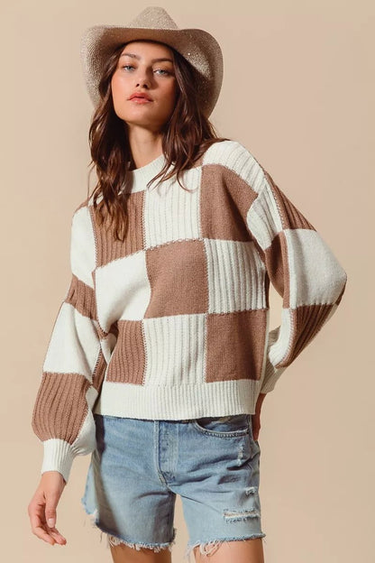 Women's Ribbed Color Block Plaid Sweater with Trendy Design - AMVIM