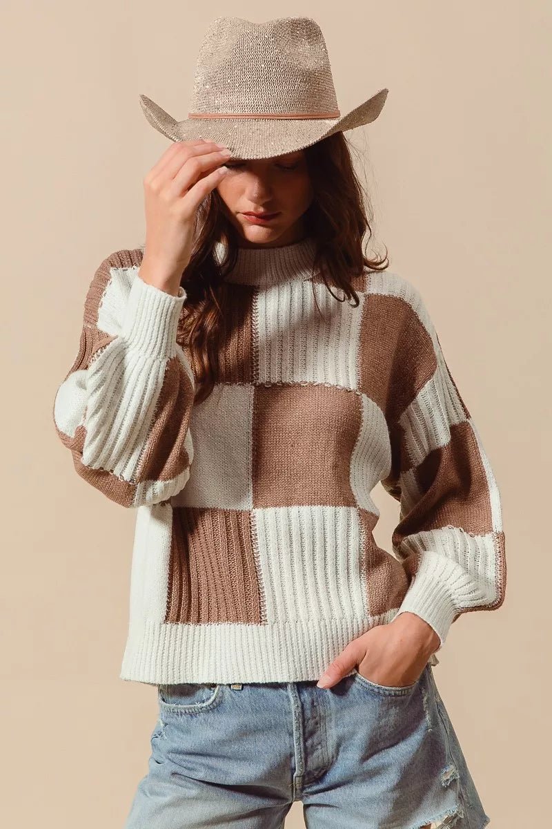 Women's Ribbed Color Block Plaid Sweater with Trendy Design - AMVIM