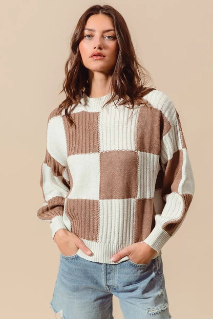 Women's Ribbed Color Block Plaid Sweater with Trendy Design - AMVIM
