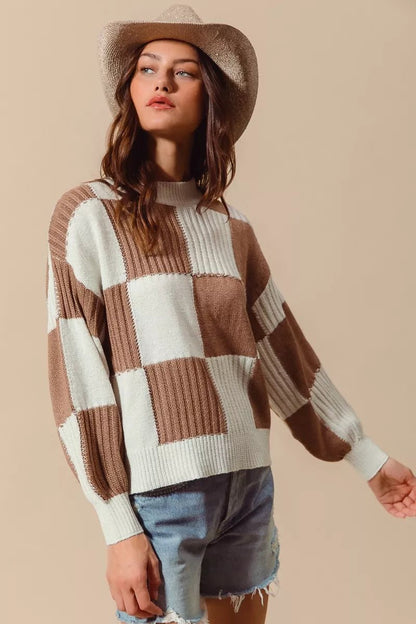 Women's Ribbed Color Block Plaid Sweater with Trendy Design - AMVIM