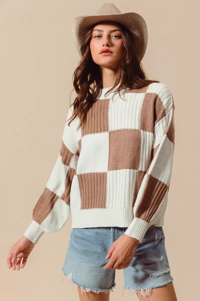 Women's Ribbed Color Block Plaid Sweater with Trendy Design - AMVIM