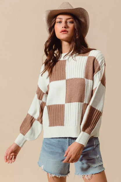 Women's Ribbed Color Block Plaid Sweater with Trendy Design - AMVIM