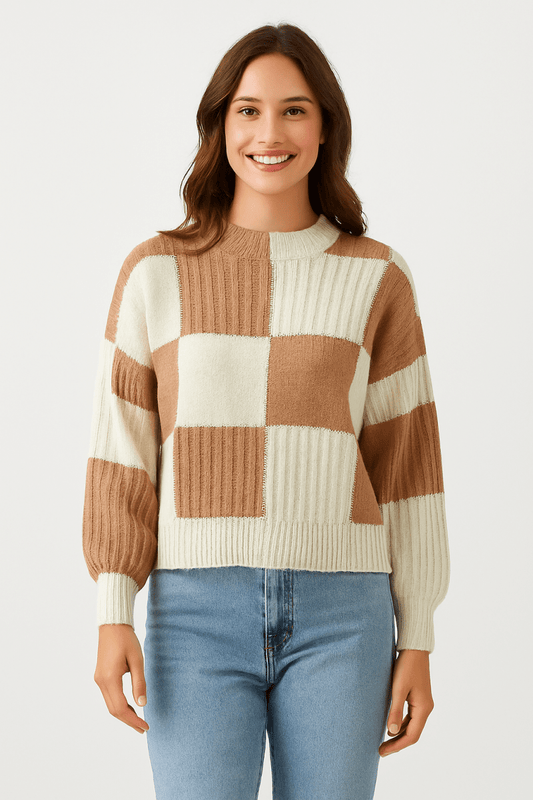 Women's Ribbed Color Block Plaid Sweater with Trendy Design - AMVIM