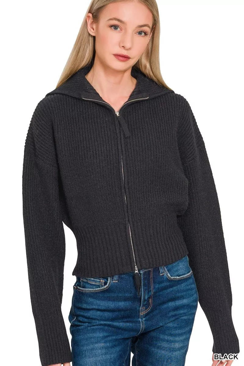 Women's Ribbed Knit Cardigan – Collared Zip-Up Crop - AMVIM