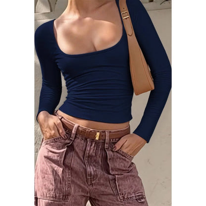 Women's Ribbed Knit Long Sleeve Scoop Square Neck Top - AMVIM