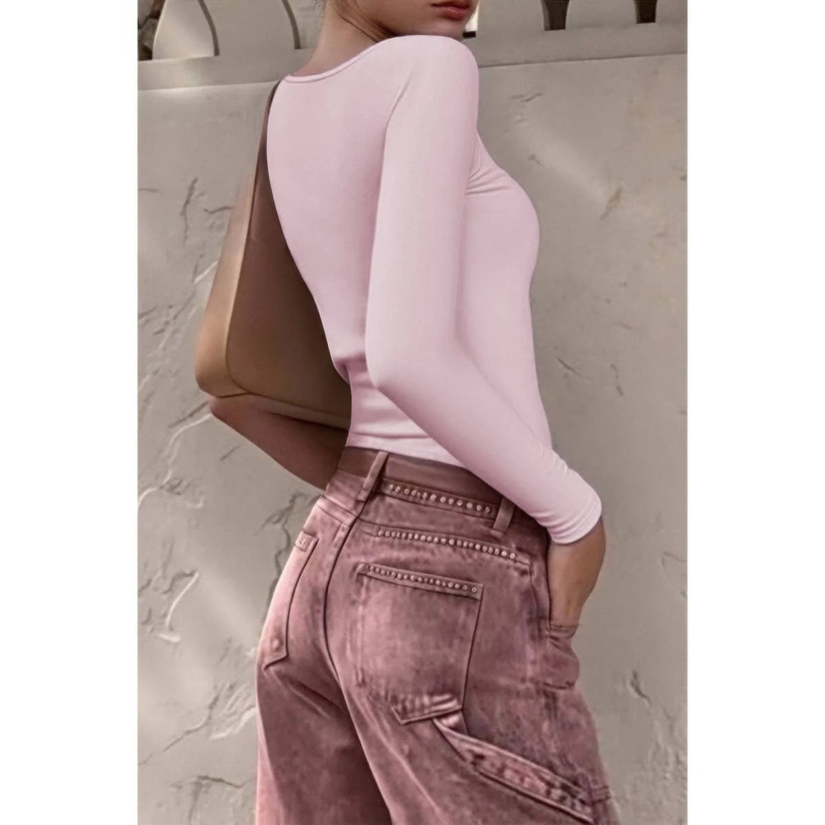 Women's Ribbed Knit Long Sleeve Scoop Square Neck Top - AMVIM