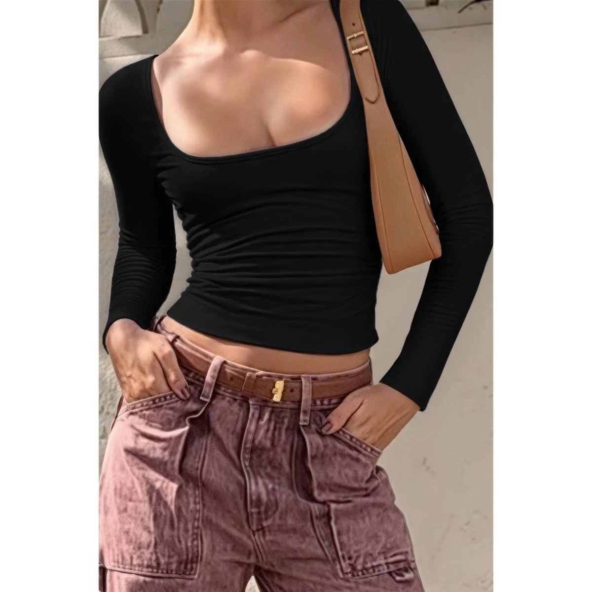 Women's Ribbed Knit Long Sleeve Scoop Square Neck Top - AMVIM