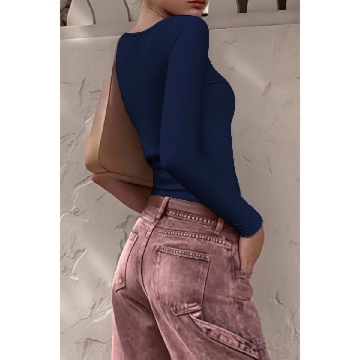 Women's Ribbed Knit Long Sleeve Scoop Square Neck Top - AMVIM