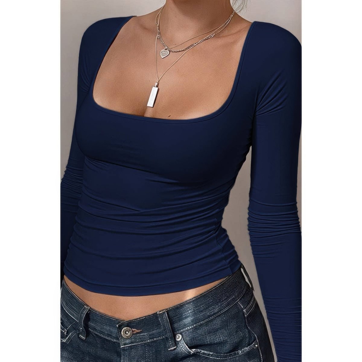 Women's Ribbed Knit Long Sleeve Scoop Square Neck Top - AMVIM