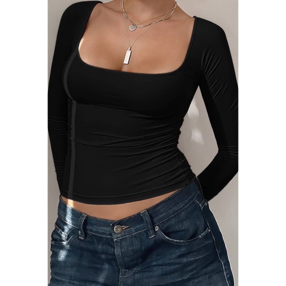 Women's Ribbed Knit Long Sleeve Scoop Square Neck Top - AMVIM
