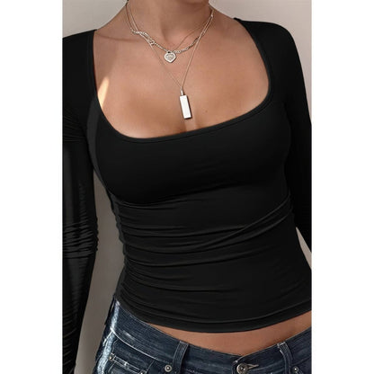 Women's Ribbed Knit Long Sleeve Scoop Square Neck Top - AMVIM