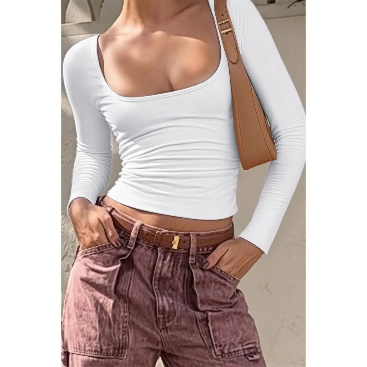 Women's Ribbed Knit Long Sleeve Scoop Square Neck Top - AMVIM