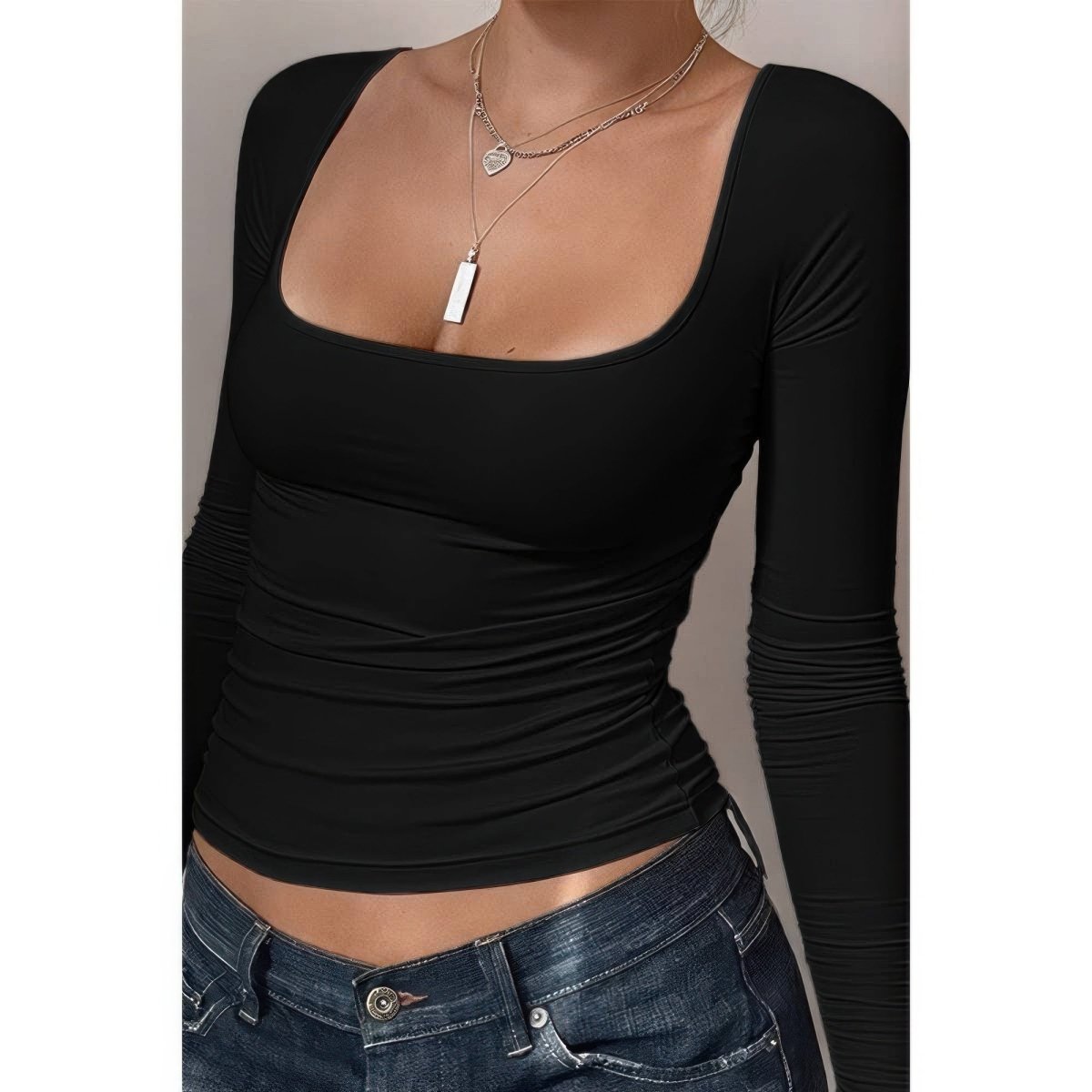 Women's Ribbed Knit Long Sleeve Scoop Square Neck Top - AMVIM