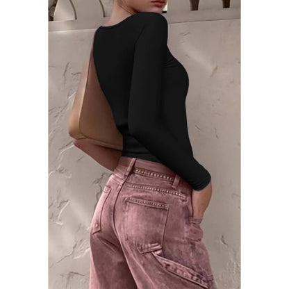 Women's Ribbed Knit Long Sleeve Scoop Square Neck Top - AMVIM