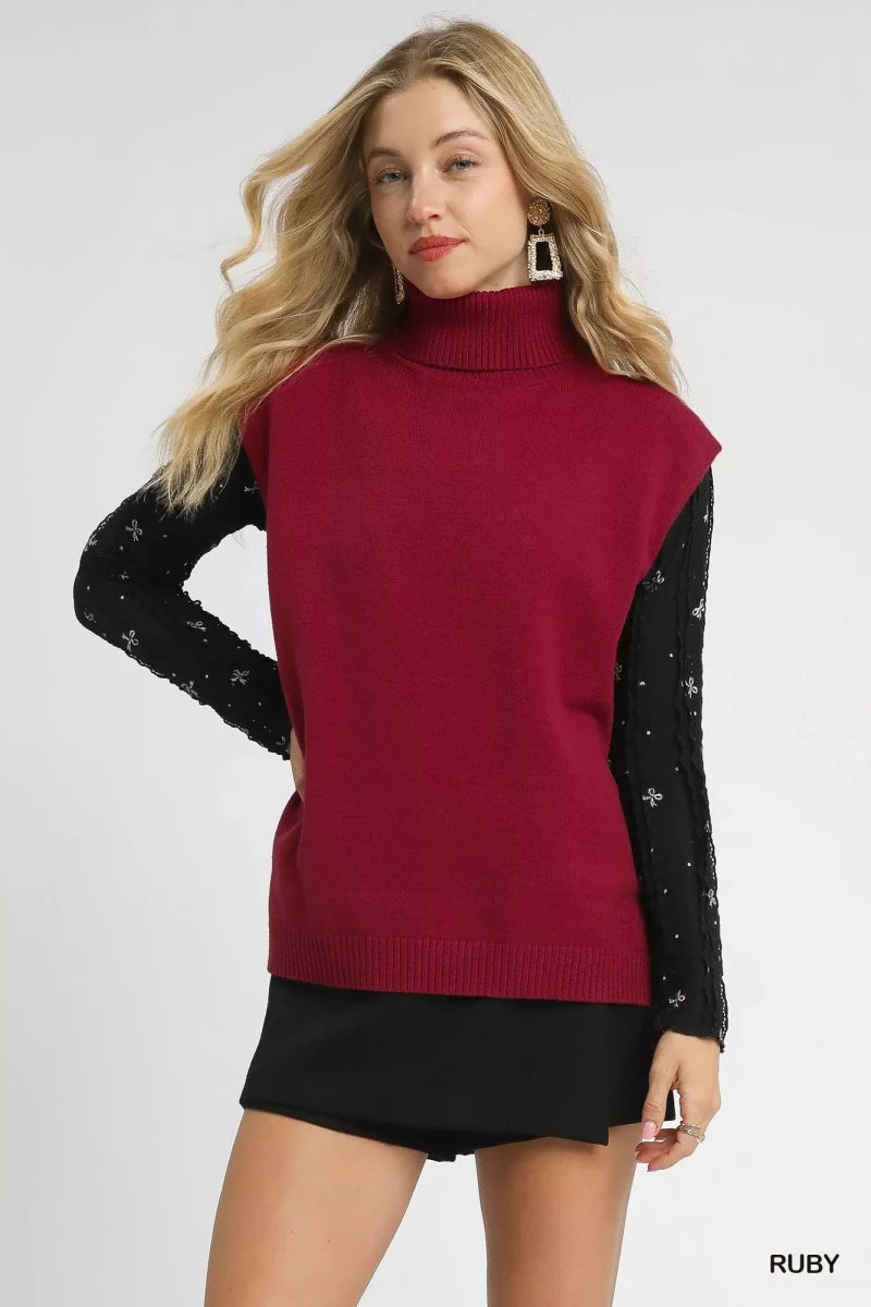 Women's Ribbed Knit Sleeveless Sweater Top – High-Low Turtleneck - AMVIM