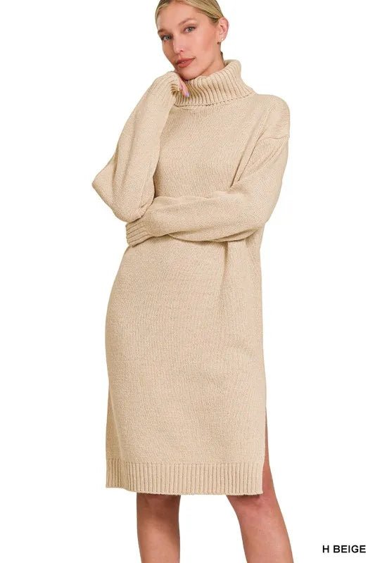 Women's Ribbed Knit Sweater Dress – Turtle Neck Midi - AMVIM