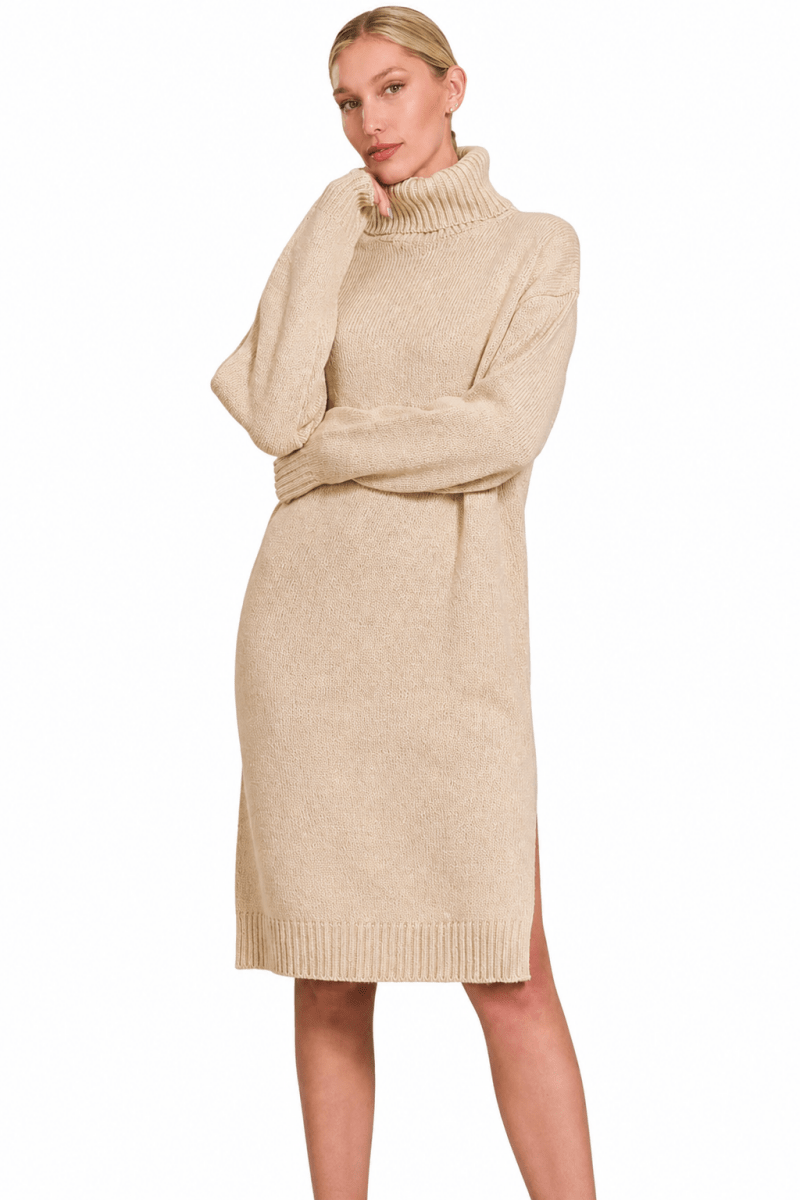 Women's Ribbed Knit Sweater Dress – Turtle Neck Midi - AMVIM