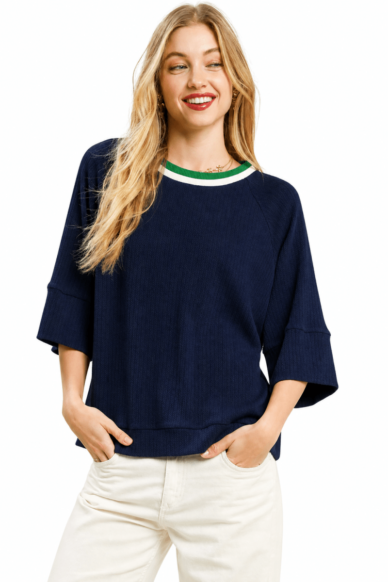 Women's Ribbed Knit Top with Contrast Trim – Round Neck - AMVIM