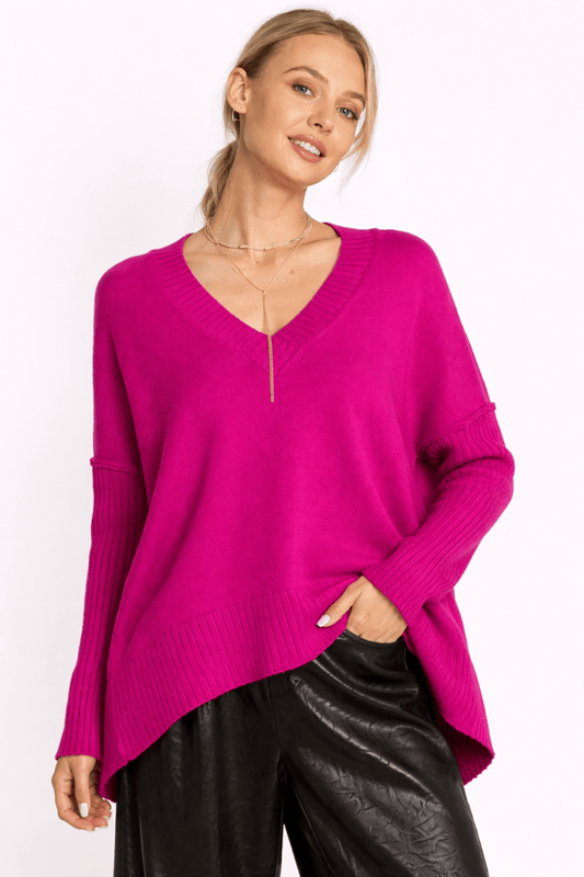 Women's Ribbed V - Neck Side Slit Sweater with Exposed Seams - AMVIM