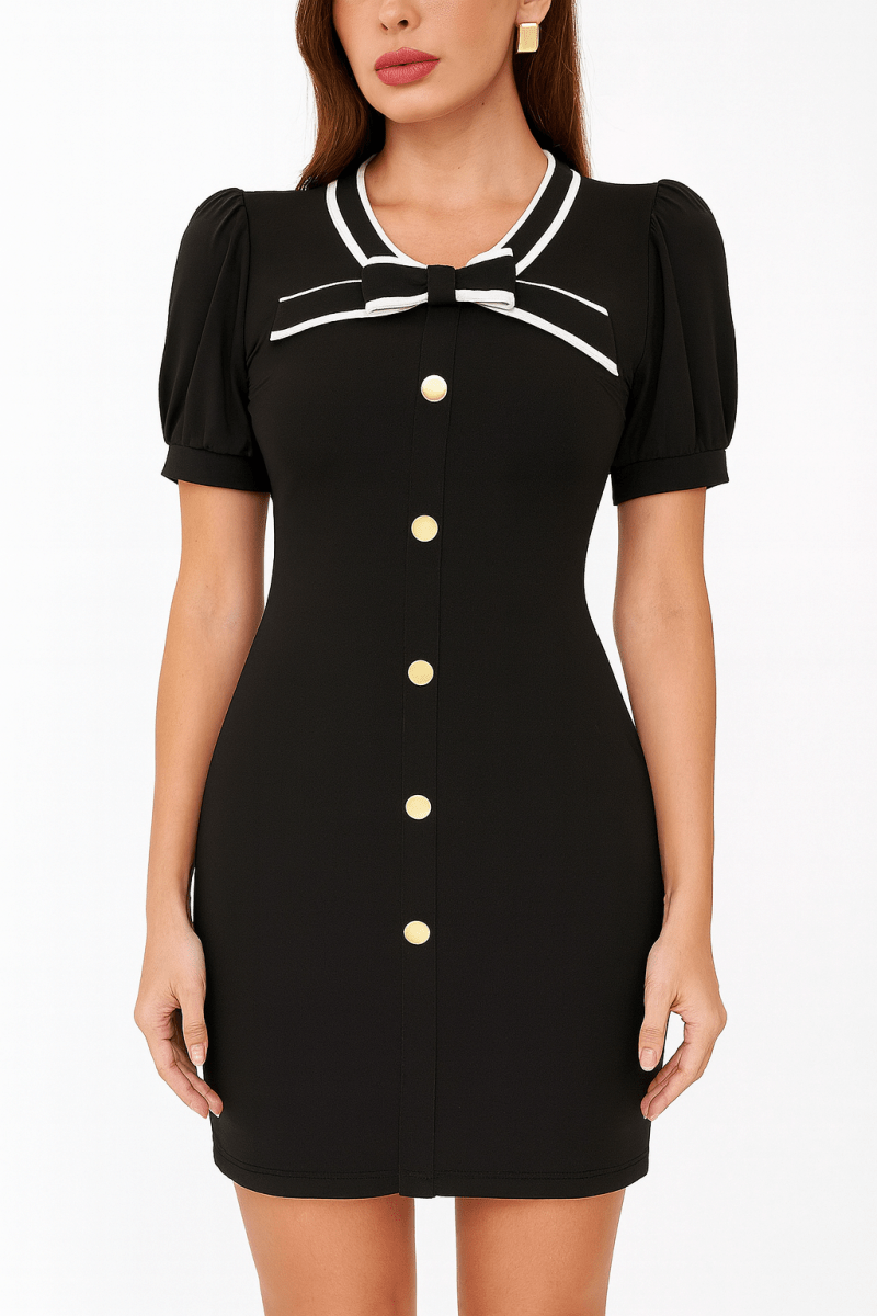 Women's Ribbon Bow Short Button - Up Dress with Flare - AMVIM