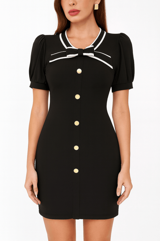 Women's Ribbon Bow Short Button - Up Dress with Flare - AMVIM