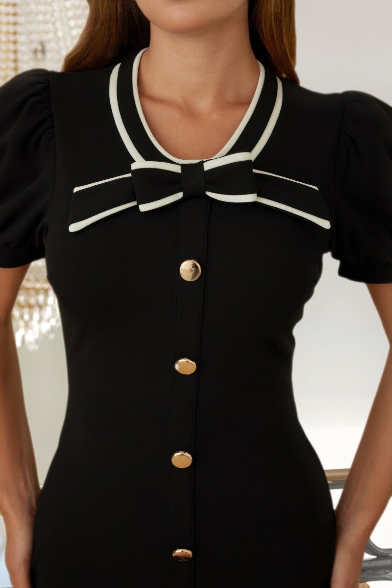 Bow Detail Short Sleeve Button-Up Mini Dress - Ribbon Tie Flare A-Line Women&