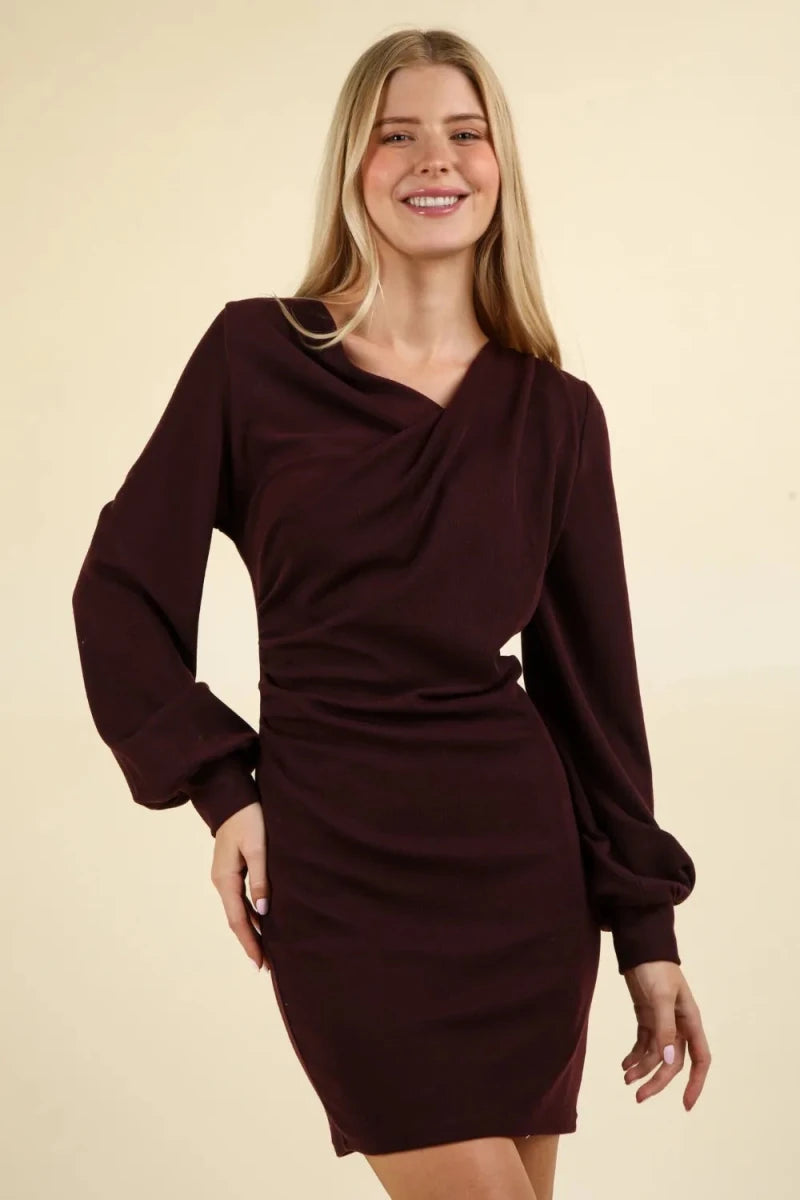 Womens Ruched Detail Bodycon Mini Dress with Asymmetrical Design - AMVIM