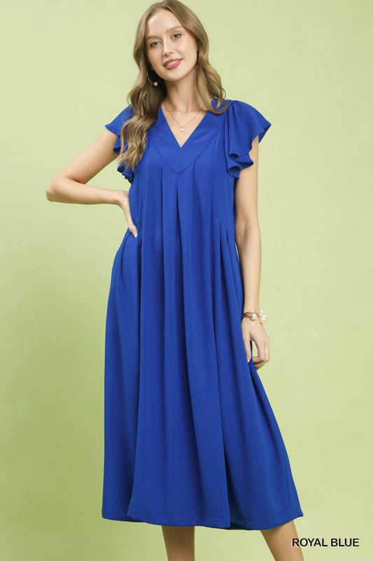 Women's Ruffle Sleeve V - Neck Midi Dress with Pockets - AMVIM