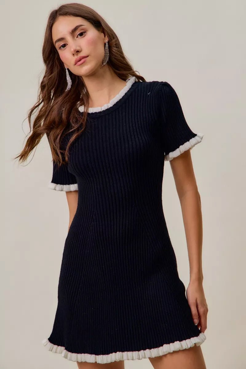 Women's Ruffled Sweater Knit Mini Dress with Unique Details - AMVIM