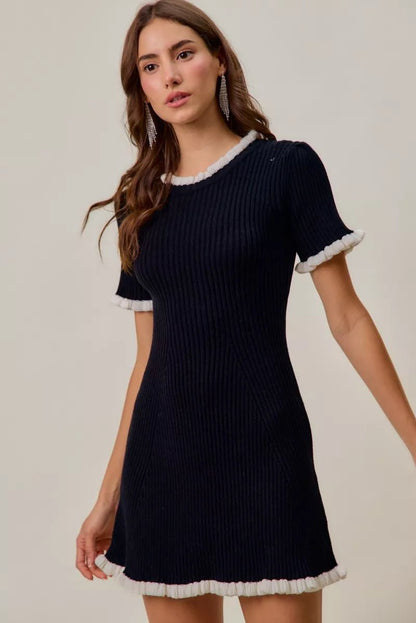 Women's Ruffled Sweater Knit Mini Dress with Unique Details - AMVIM