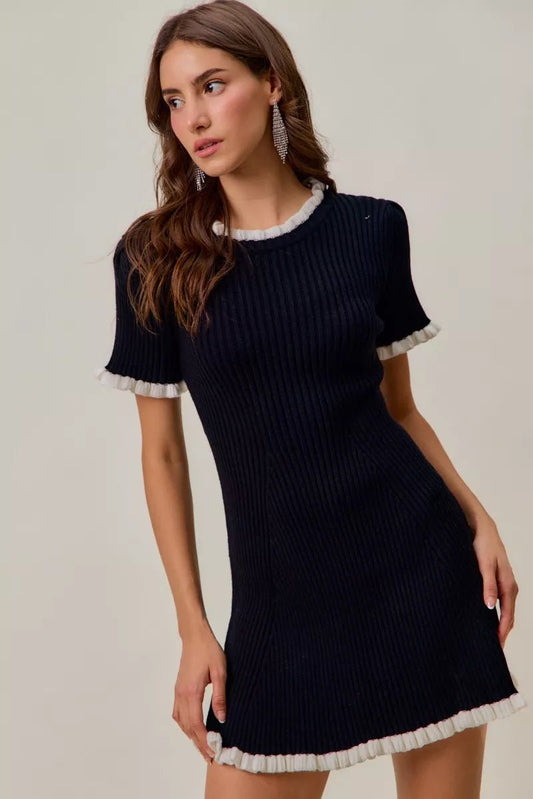 Women's Ruffled Sweater Knit Mini Dress with Unique Details - AMVIM