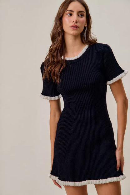 Women's Ruffled Sweater Knit Mini Dress with Unique Details - AMVIM