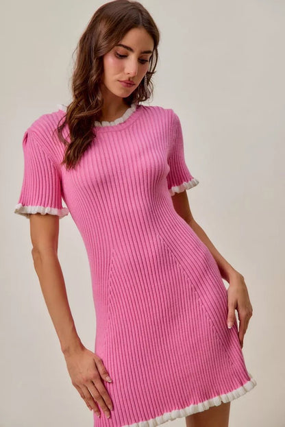 Women's Ruffled Sweater Knit Mini Dress with Unique Details - AMVIM