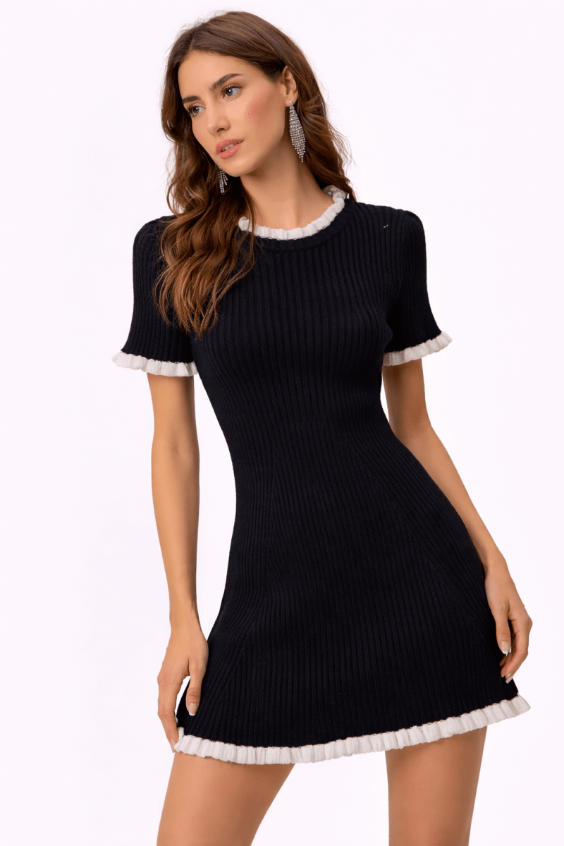 Women's Ruffled Sweater Knit Mini Dress with Unique Details - AMVIM