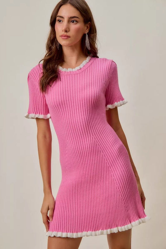 Women's Ruffled Sweater Knit Mini Dress with Unique Details - AMVIM