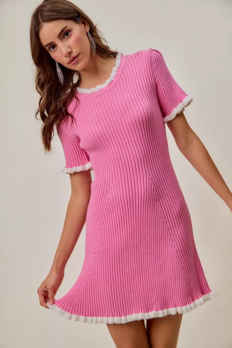 Women's Ruffled Sweater Knit Mini Dress with Unique Details - AMVIM