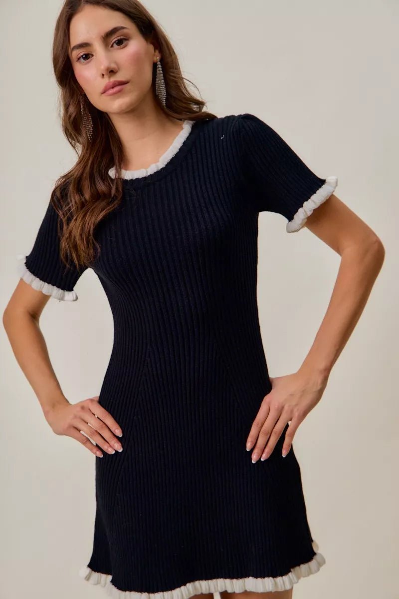 Women's Ruffled Sweater Knit Mini Dress with Unique Details - AMVIM