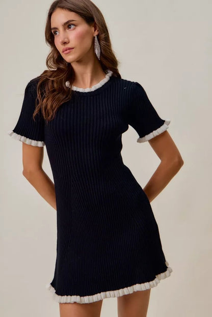 Women's Ruffled Sweater Knit Mini Dress with Unique Details - AMVIM