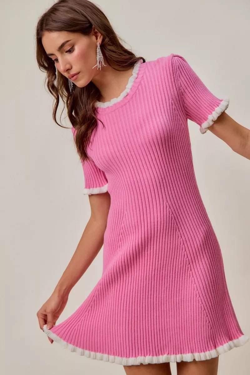 Women's Ruffled Sweater Knit Mini Dress with Unique Details - AMVIM