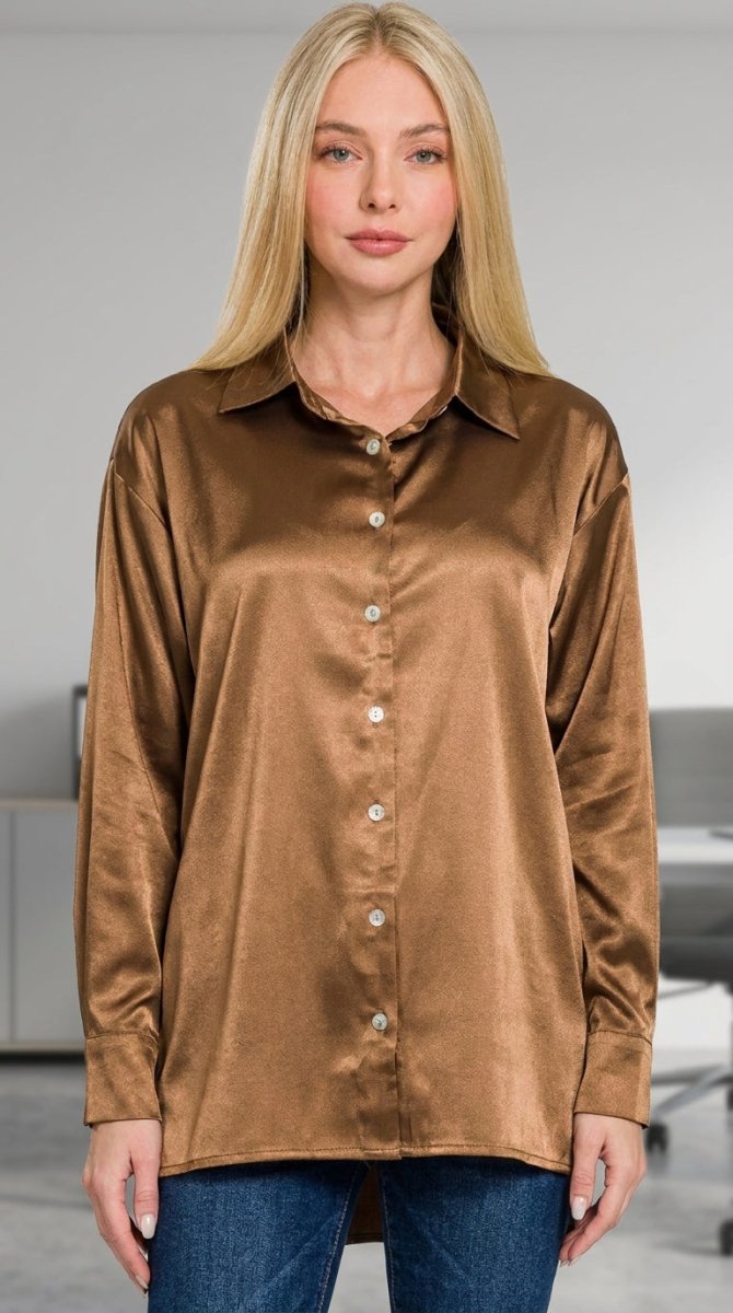 Women's Satin Blouse – Button Down Long Sleeve - AMVIM