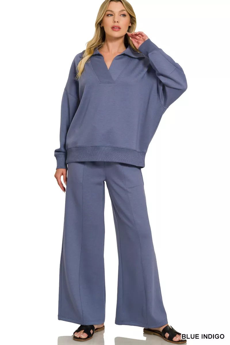 Women's Scuba Outfit Set – Collared Pullover & Tailored Pants - AMVIM