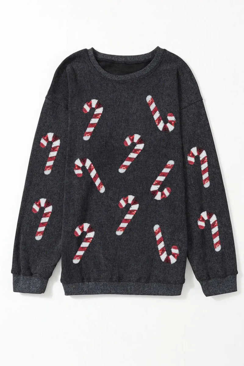 Women’s Sequin Round Neck Sweatshirt Candy Cane - AMVIM