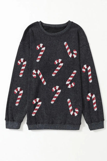 Women’s Sequin Round Neck Sweatshirt Candy Cane - AMVIM