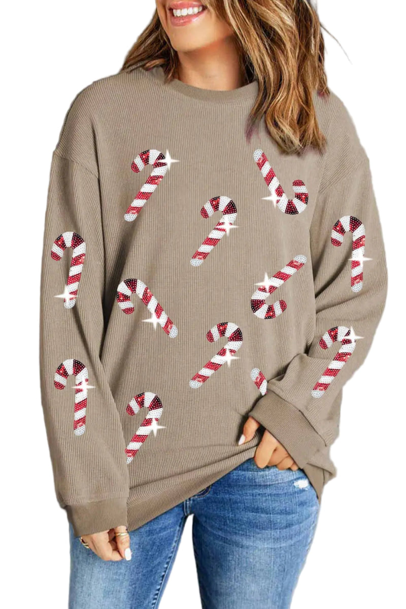 Women’s Sequin Round Neck Sweatshirt Candy Cane - AMVIM