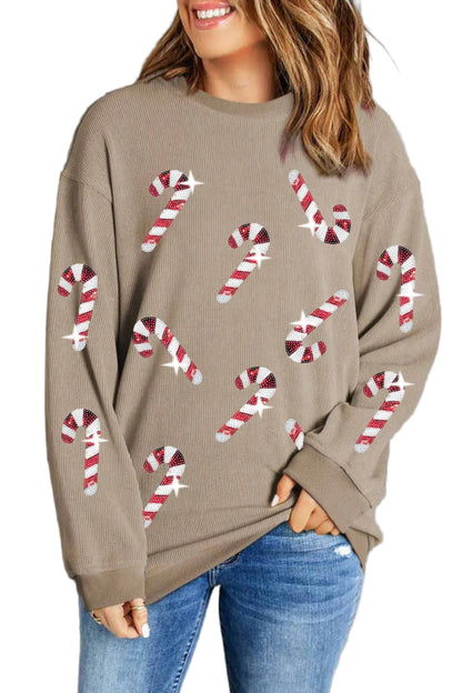 Women’s Sequin Round Neck Sweatshirt Candy Cane - AMVIM