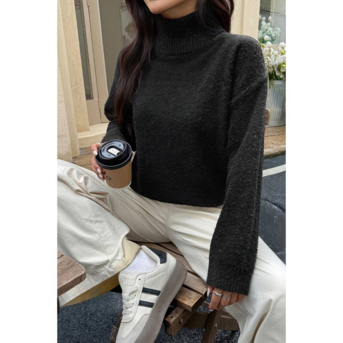 Women's Soft Knit Roll Neck Sweater with Long Sleeves - AMVIM
